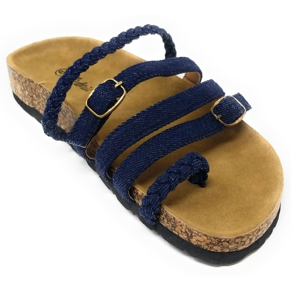 Victoria K Navy Blue Braided Strap Cork Footbed Sandal